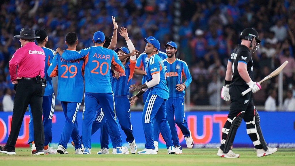 India's players celebrate the wicket of New Zealand's Tim Seifert, right, during the T20 World Cup final in Ahmedabad. - Ajit Solanki