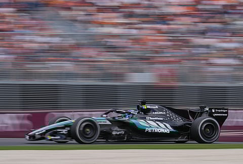 Mercedes driver George Russell of Britain steers his car during the Australian Formula One Grand Prix at Albert Park, in Melbourne, Australia.