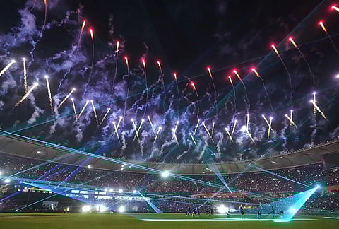 Fire works light up the sky during the T20 World Cup cricket final match between India and New Zealand in Ahmedabad.