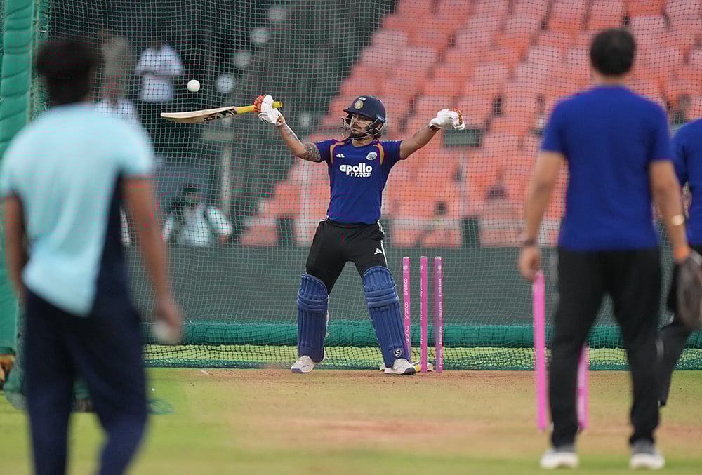 India's Ishan Kishan bats during a practice session ahead of the T20 World Cup cricket final match against New Zealand in Ahmedabad. - | Photo: AP/Ajit Solanki
