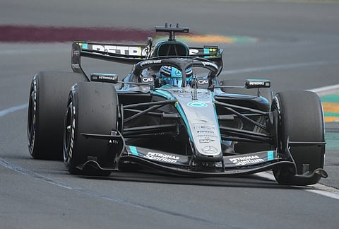Mercedes driver George Russell of Britain steers his car during the Australian Formula One Grand Prix at Albert Park, in Melbourne, Australia.