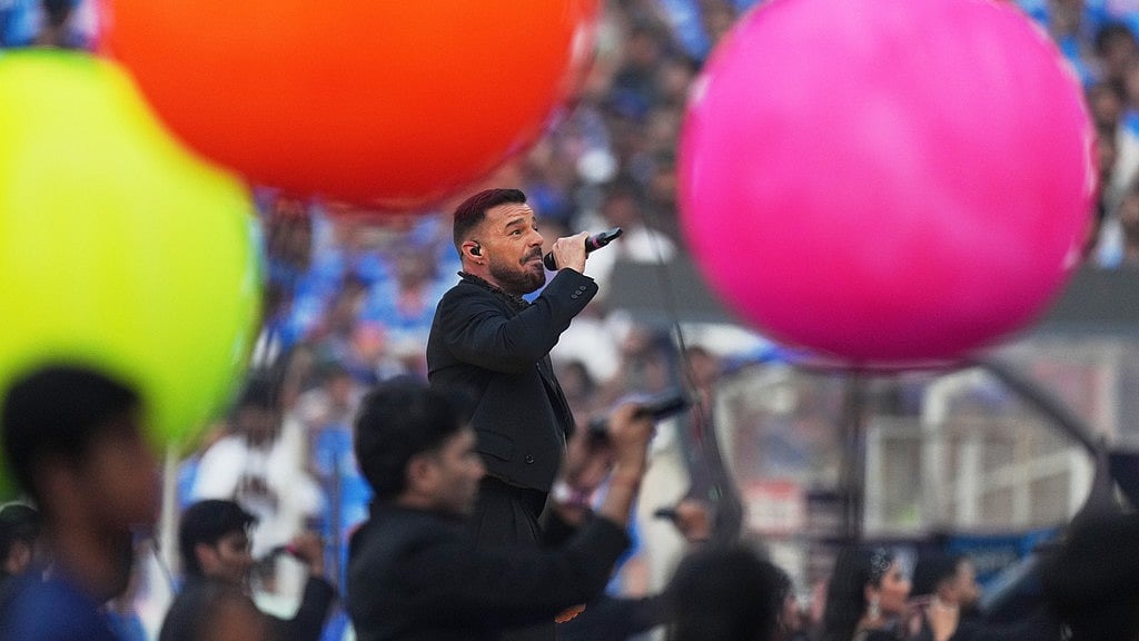Puerto Rican singer Ricky Martin performs during the closing ceremony of the T20 World Cup cricket final match between India and New Zealand in Ahmedabad, India, Sunday, March 8, 2026. - AP Photo/Ajit Solanki