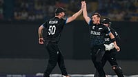 | Photo: AP/Anupam Nath : New Zealand's Cole McConchie, center, celebrates the wicket of South Africa's Ryan Rickelton during the first T20 World Cup cricket semifinal match between New Zealand and South Africa in Kolkata.