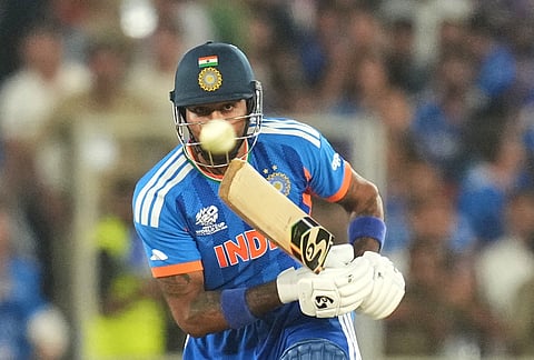 India's Hardik Pandya plays a shot during the T20 World Cup cricket final match between India and New Zealand in Ahmedabad.