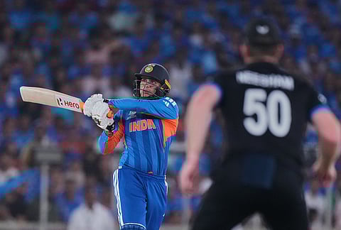 India's Abhishek Sharma plays a shot during the T20 World Cup cricket final match between India and New Zealand in Ahmedabad.