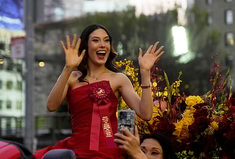 Olympic gold medalist and Grand Marhsal Eileen Gu waves during the Chinese New Year Parade in San Francisco.