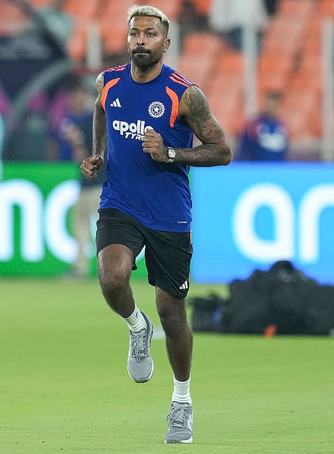 India's Hardik Pandya during a training session on the eve of the ICC Men's T20 World Cup 2026 final cricket match between India and New Zealand, at the Narendra Modi Stadium in Ahmedabad, Gujarat.