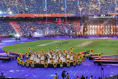Singer Falguni Pathak performs with other artistes before the ICC Men's T20 World Cup 2026 final cricket match between India and New Zealand, at Narendra Modi Stadium, in Ahmedabad, Gujarat.