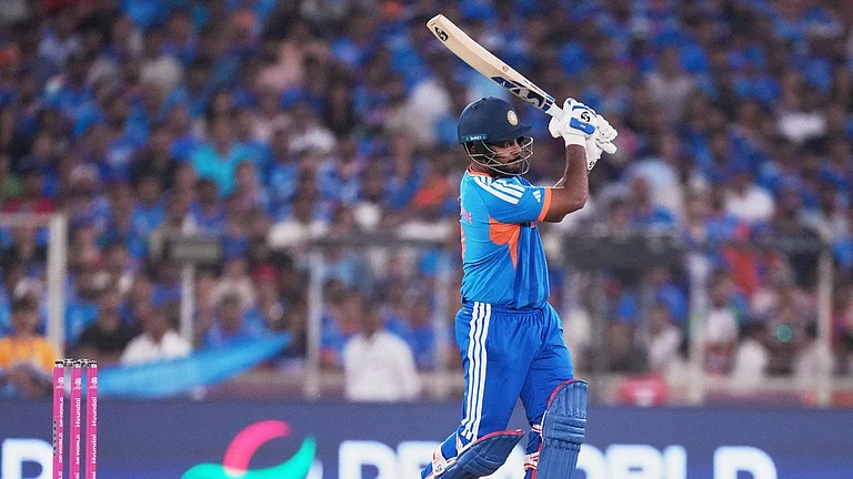 India's Sanju Samson plays a shot during the T20 World Cup cricket final match between India and New Zealand in Ahmedabad, India, Sunday, March 8, 2026. - AP Photo/Ajit Solanki