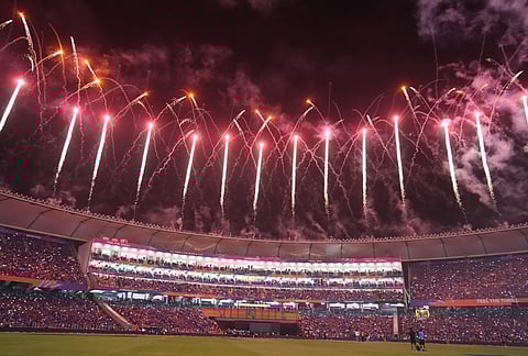 Fire works light up the sky during the T20 World Cup cricket final match between India and New Zealand in Ahmedabad.