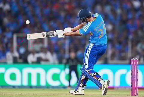 India's Shivam Dube plays a shot during the T20 World Cup cricket final match between India and New Zealand in Ahmedabad.