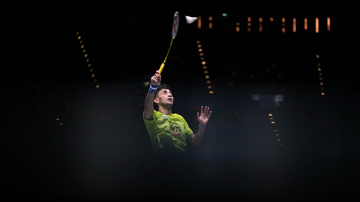 India's Lakshya Sen plays against Canada's Victor Lai during the men's singles semifinal match at the All England Open Badminton. - AP