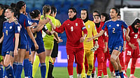 | Photo: AP/DAVE HUNT : Iran's Zahra Ghanbari, center, gestures to the Philippines players following the Women's Asian Cup soccer match between Iran and the Philippines in Robina, Australia, Sunday, March 8, 2026.