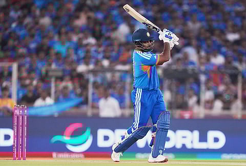 India's Sanju Samson plays a shot during the T20 World Cup cricket final match between India and New Zealand in Ahmedabad.