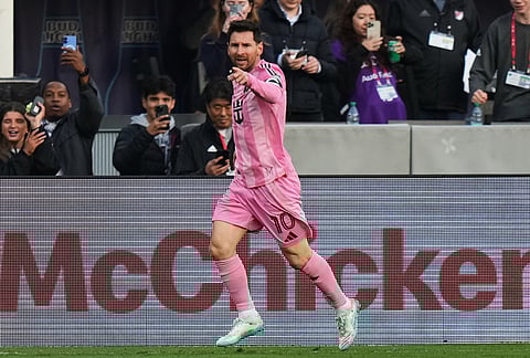 Inter Miami forward Lionel Messi (10) celebrates after his goal against D.C. United during the first half of an MLS soccer match, in Baltimore.