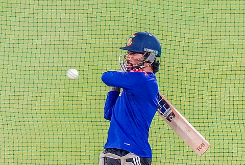 India's Tilak Varma during a training session on the eve of the ICC Men's T20 World Cup 2026 final cricket match between India and New Zealand, at the Narendra Modi Stadium in Ahmedabad, Gujarat.