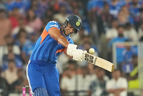 India's Shivam Dube hits a six during the T20 World Cup cricket final match between India and New Zealand in Ahmedabad.