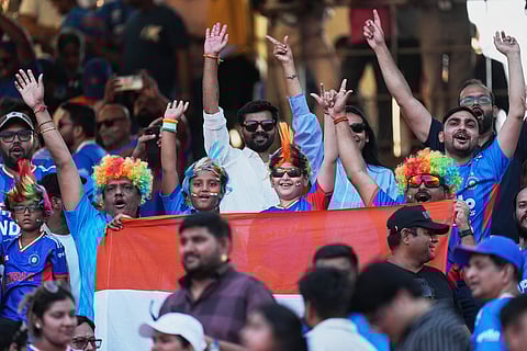 India's fans wait for the T20 World Cup cricket final match between India and New Zealand to begin in Ahmedabad, India, Sunday, March 8, 2026.
