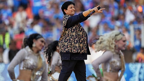 Indian singer Falguni Pathak, center, performs during the closing ceremony of the T20 World Cup cricket final match between India and New Zealand in Ahmedabad, India, Sunday, March 8, 2026. 