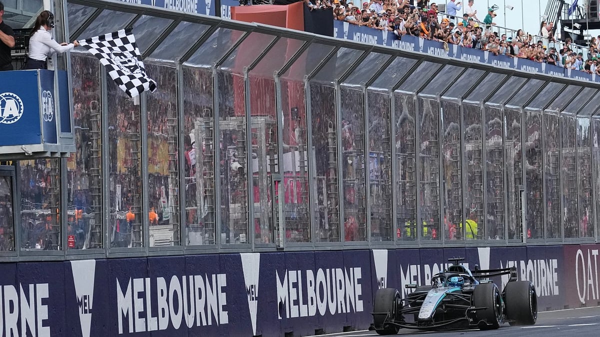 Mercedes driver George Russell crosses the finish line at the Australian Grand Prix. - AP
