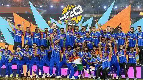 India's captain Suryakumar Yadav lifts the tournament trophy with teammates after winning the ICC Men's T20 World Cup 2026, at Narendra Modi Stadium, in Ahmedabad, Gujarat.
