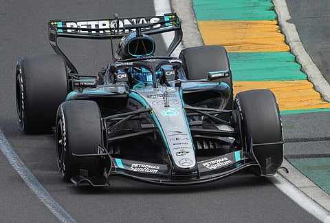 Mercedes driver George Russell of Britain steers his car during the Australian Formula One Grand Prix at Albert Park, in Melbourne, Australia.