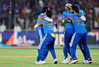 India Vs New Zealand, T20 World Cup Final: See Best Photos From Ahmedabad's Narendra Modi Stadium | Photo: AP/Ajit Solanki : India's players celebrate after winning the T20 World Cup cricket final match against New Zealand in Ahmedabad.