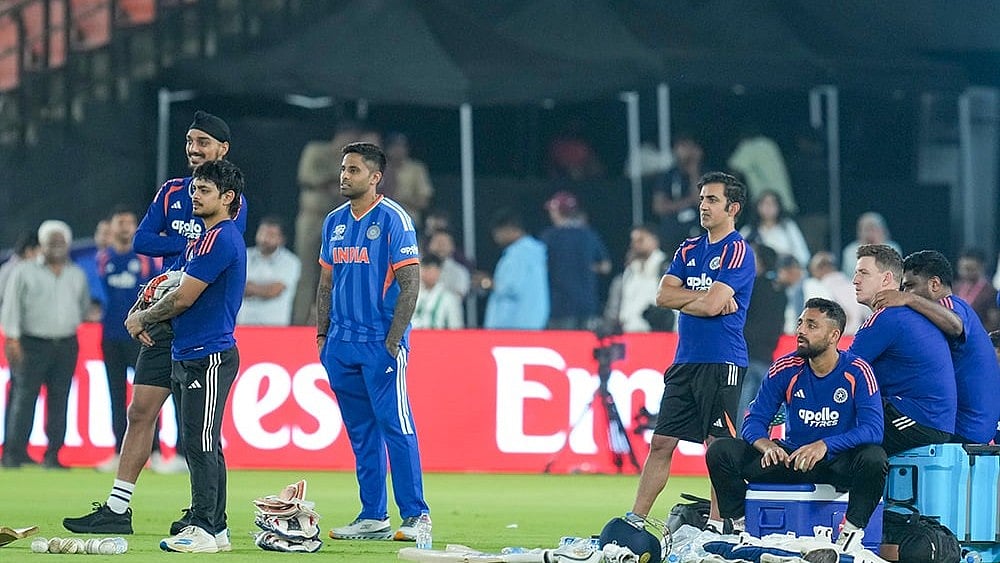 India's captain Suryakumar Yadav, Arshdeep Singh, Ishan Kishan and others during a training session on the eve of the ICC Men's T20 World Cup 2026 final cricket match between India and New Zealand, at the Narendra Modi Stadium in Ahmedabad, Gujarat. - | Photo: PTI/Shailendra Bhojak