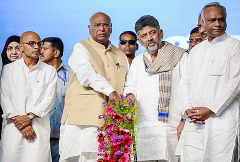 Congress President Mallikarjun Kharge, Karnataka Deputy CM DK Shivakumar and others during the groundbreaking and foundation stone-laying ceremony for various development works, in Chittapur of Kalaburagi district. 