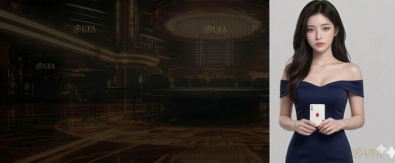 Woman in navy dress in a casino holding an ace