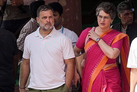 LoP in the Lok Sabha and Congress leader Rahul Gandhi, left, with party MP Priyanka Gandhi Vadra during the second part of Budget session of Parliament, in New Delhi.