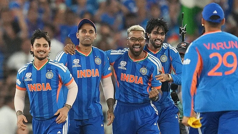 India's players celebrate after winning the T20 World Cup final against New Zealand in Ahmedabad. - AP