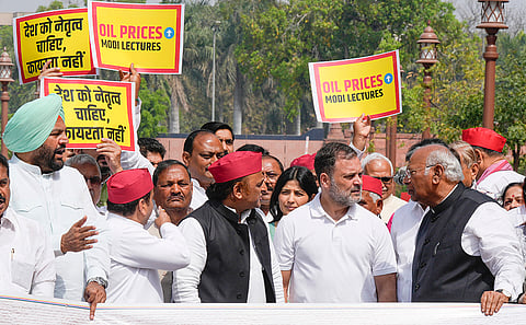 LoP in Lok Sabha Rahul Gandhi, LoP in Rajya Sabha Mallikarjun Kharge, Samajwadi Party MP Akhilesh Yadav and other opposition leaders stage a protest over the West Asia crisis, during the second part of Budget session of Parliament, in New Delhi.