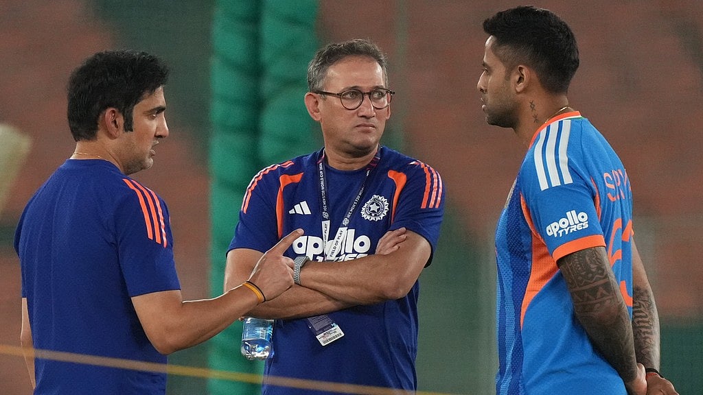 India's head coach Gautam Gambhir, left, chief selector Ajit Agarkar, centre, and captain Suryakumar Yadav talk during a practice session ahead of the T20 World Cup final against New Zealand in Ahmedabad. - AP
