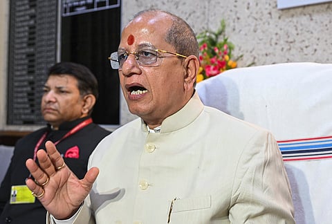 Bihar Deputy Chief Minister Vijay Kumar Sinha addresses a press conference at the Old Secretariat building, in Patna.