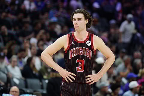 Chicago Bulls guard Josh Giddey (3) looks on during the second half of an NBA basketball game against the Sacramento Kings in Sacramento, Calif.