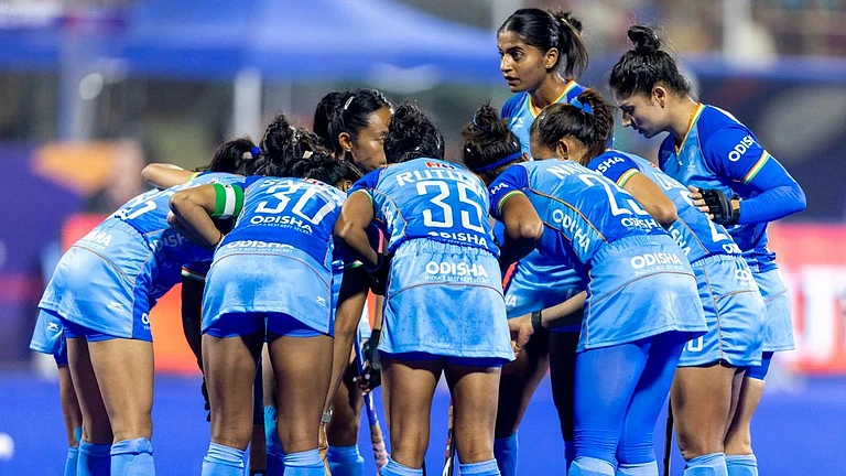 India players in action during the FIH Women's Hockey World Cup Qualifiers against Uruguay on March 8, 2026. - | Photo: Hockey India