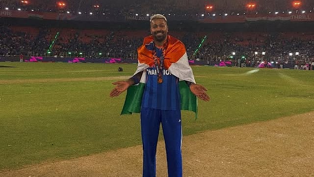 Hardik Pandya recreates iconic celebration pose after India wins ICC T20 World Cup 2026 title by beating New Zealand in final at the Narendra Modi Stadium in Ahmedabad.  - hardikpandya93/Instagram
