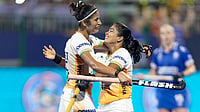 | Photo: Hockey India : India players celebrate after scoring in the FIH Women's Hockey World Cup qualifier against Scotland on March 9, 2026.