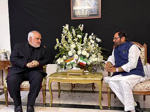 BJP leader Mukhtar Abbas Naqvi, right, with Ambassador Mohammad Fathali during a visit to the Embassy of Iran, after the recent killing of Iranian Supreme Leader Ayatollah Ali Khamenei, in New Delhi.