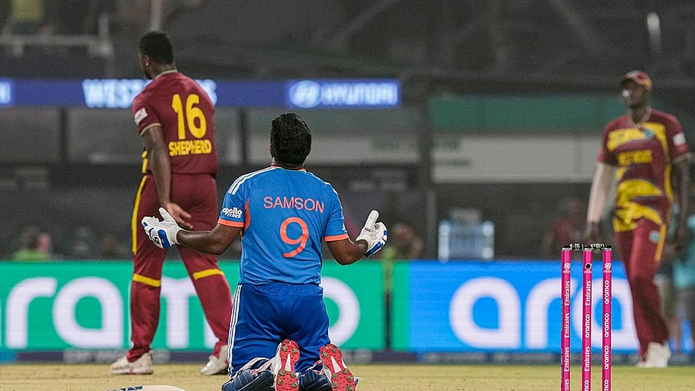 India's Sanju Samson, 9, reacts after winning in the ICC Men's T20 World Cup 2026 cricket match between India and West Indies, at the Eden Gardens, in Kolkata, West Bengal. - | Photo: PTI/Manvender Vashist Lav