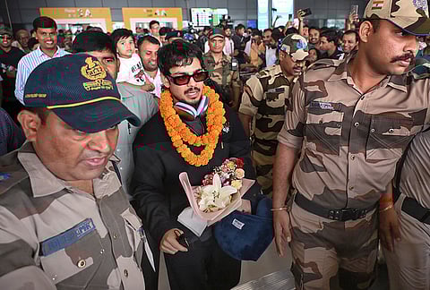 Indian cricketer Ishan Kishan arrives at Jay Prakash Narayan International Airport after winning the ICC Men's T20 World Cup in Ahmedabad, in Patna.