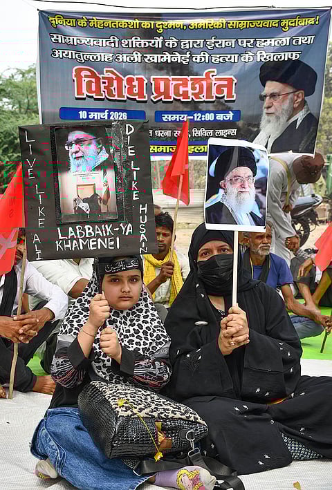 CPI activists stage a protest over the killing of Iran's Supreme Leader Ayatollah Ali Khamenei in US-Israeli strikes, in Prayagraj.