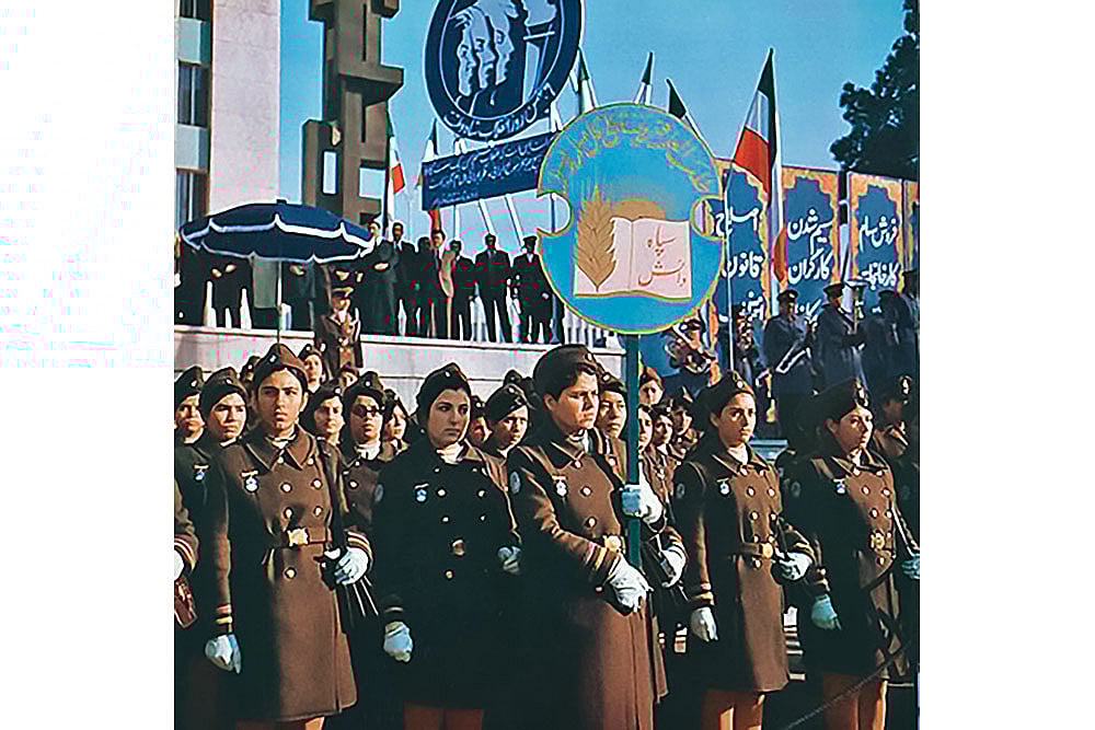 Uniformed women of the Literacy Corps outside the Iranian Senate building