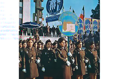 Uniformed women of the Literacy Corps outside the Iranian Senate building