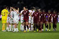 India 1-3 Chinese Taipei, AFC Women's Asian Cup 2026: Blue Tigresses Bow Out After Tough Campaign | Photo: AP/Rick Rycroft : Players of the two teams greet each other at the end of the Women's Asian Cup soccer match between India and Taiwan in Sydney.