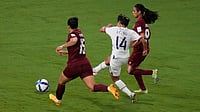 India Vs Chinese Taipei, AFC Women's Asian Cup 2026: Watch Manisha Kalyan's Rocket Free-Kick In Sydney - Video APRick Rycroft : Taiwan's Wu Kai Ching, center, takes a shot between India's Martina Thokchom, left, and India's Sanju Yadav during the Women's Asian Cup soccer match between India and Taiwan in Sydney, Monday, March 10, 2026.