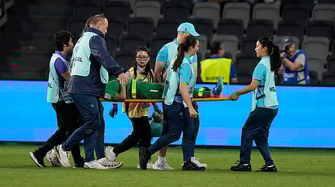 India's goalkeeper Panthoi Chanu Elangbam is taken away on a stretcher after an injury during the Women's Asian Cup soccer match between India and Taiwan in Sydney, Tuesday, March 10, 2026. 