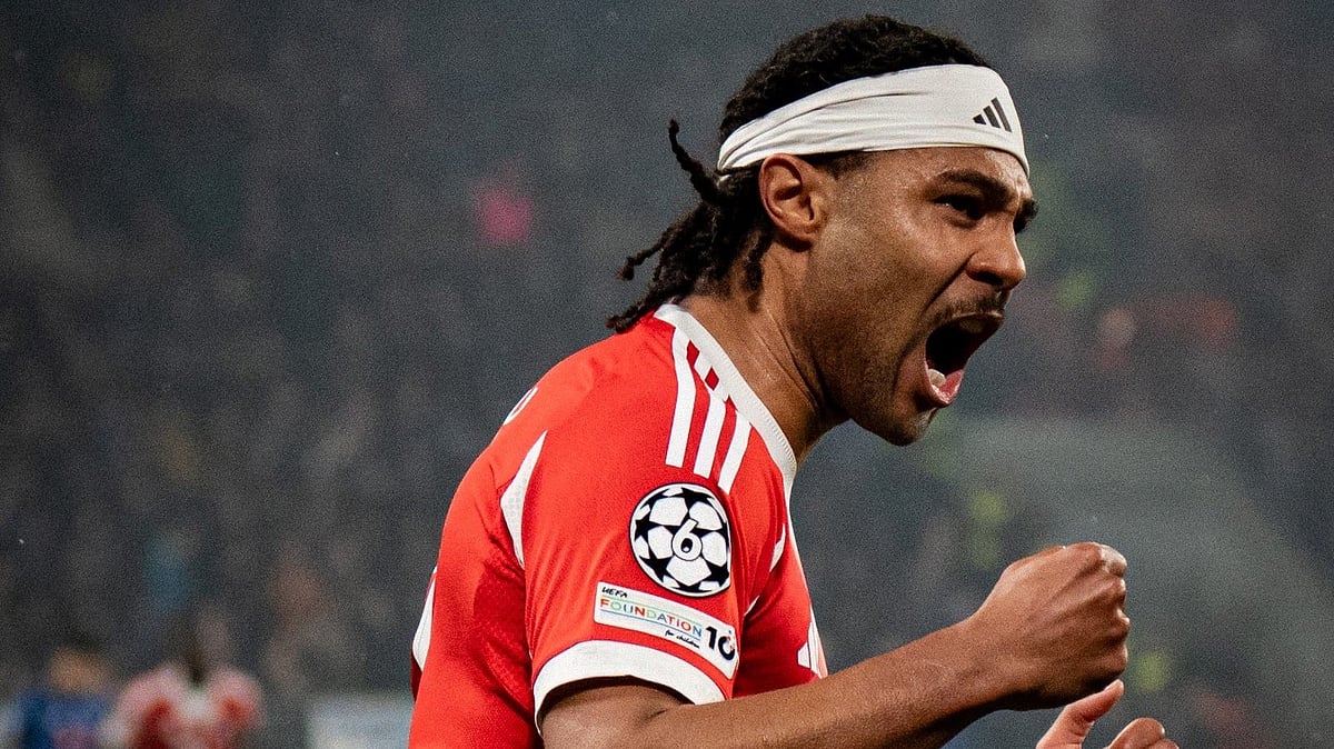 Serge Gnabry celebrating his goal against Atalanta in the UEFA Champions League 2025-26 Round of 16 clash.  - FCBayernEN/X