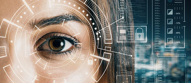 Close-up of a human eye with a digital biometric interface and data overlays